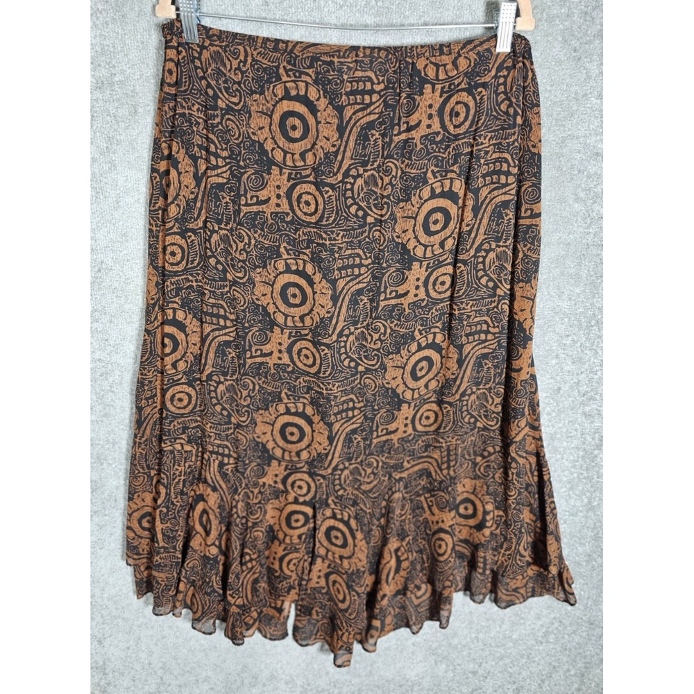 Chicos Silk Maxi Skirt Women Sz 3 US Sz 16 Brown Tribal Geometric Pull On Tiered